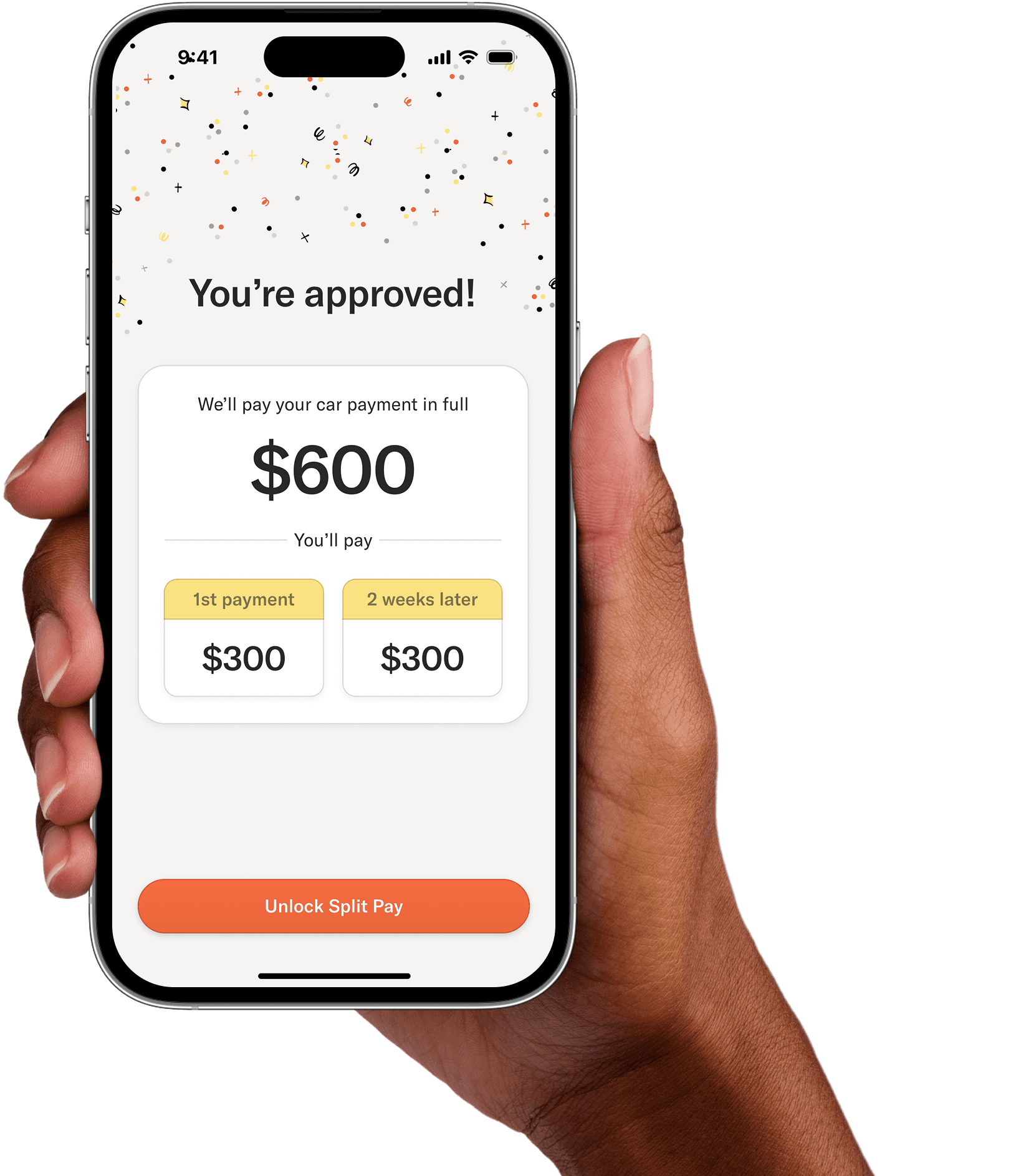 Hand holding a phone with Split Pay approval screen