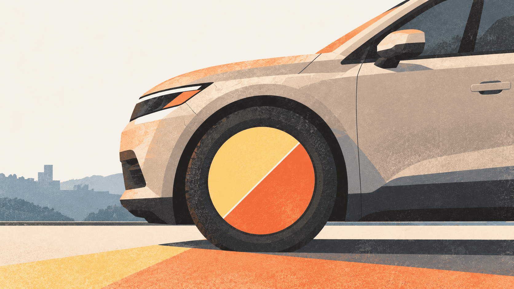 Close-up editorial illustration of a car with an oversized wheel divided evenly into golden-yellow and orange halves, representing a car payment split into two installments.