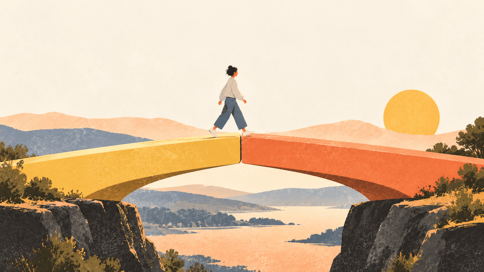 A renter crosses where golden and orange bridge sections meet over a wide valley.